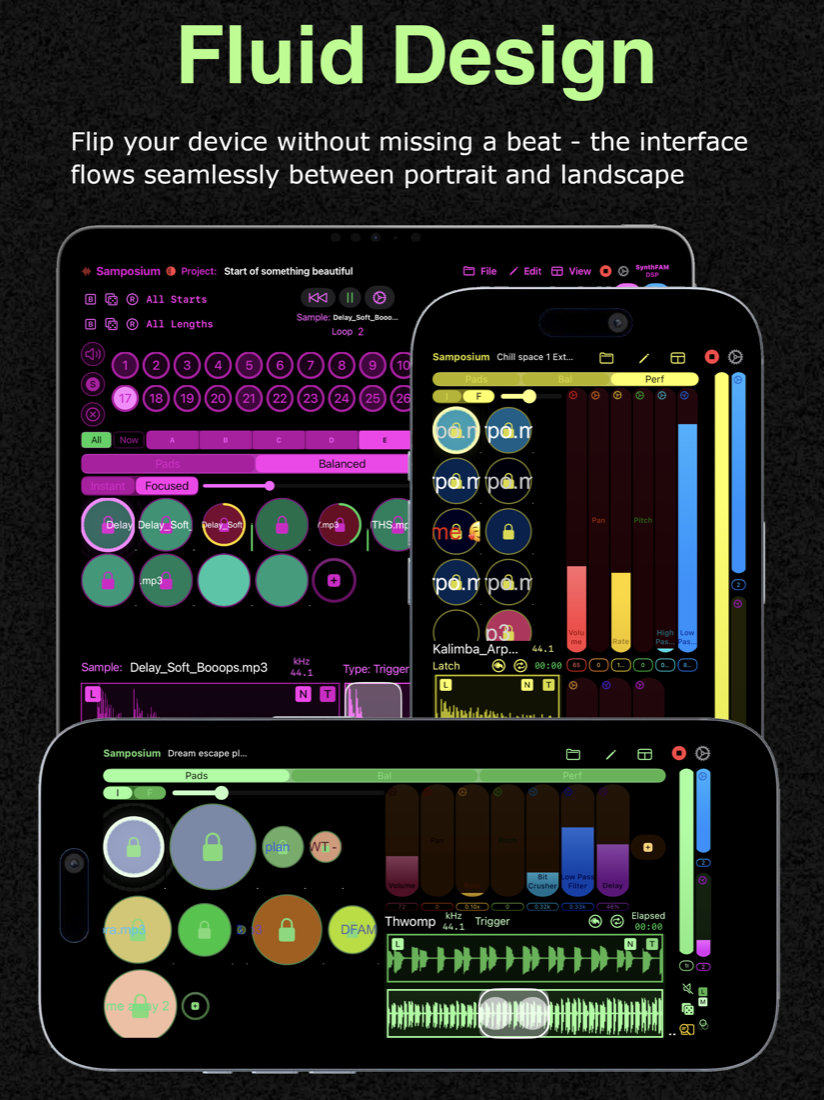 Samposium's interface flowing seamlessly between portrait and landscape across iPad and iPhone