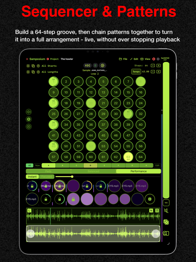 Samposium's 64-step sequencer with pattern chaining, on iPad