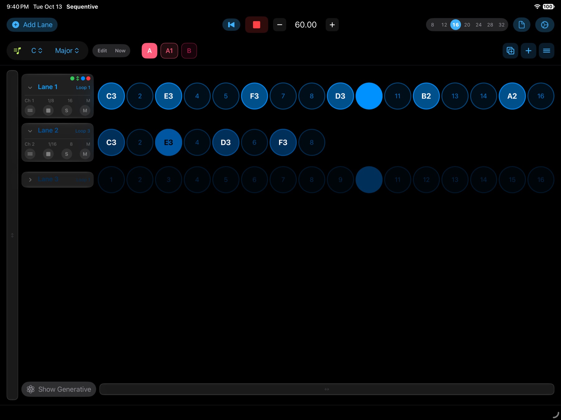 Sequentive on iPad with three lanes of different lengths.