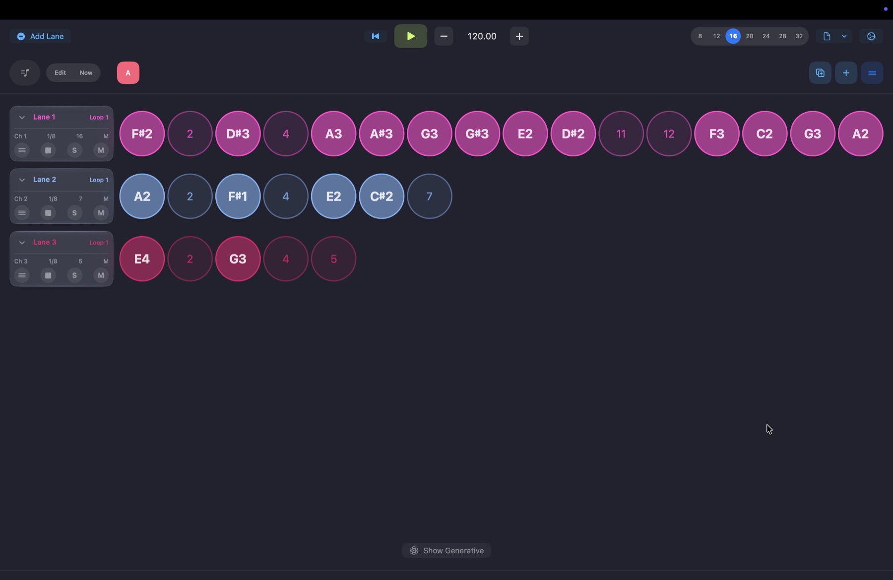 Sequentive on Mac with three lanes of different lengths.