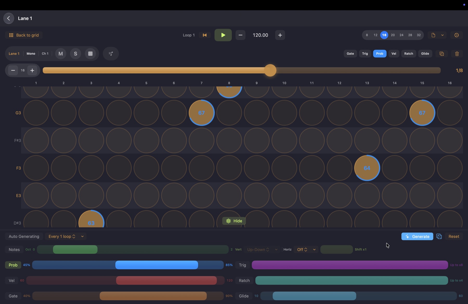 The Note Grid on Mac in Probability mode, with the Generative panel open.